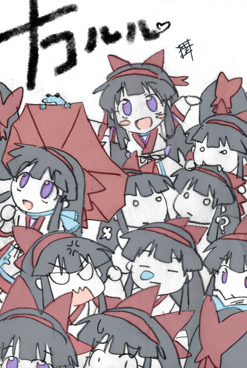 6+girls ? ainu_clothes angry arms_up biting black_hair book breasts chibi clone confused constricted_pupils expressionless multiple_expressions fangs fingerless_gloves frog gloves highres large_breasts long_hair looking_at_viewer looking_up multiple_girls nakoruru o_o open_mouth purple_eyes reading samurai_spirits scared scarf sleeping smile snk sweatdrop the_king_of_fighters tongue traditional_media umbrella wavy_mouth white_eyes wide-eyed