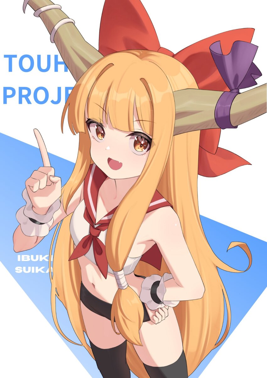 1girl :d alternate_costume black_shorts black_thighhighs blunt_bangs blush bow breasts brown_horns character_name commentary_request copyright_name cowboy_shot fang hair_bow hair_intakes highres horn_bow horn_ornament horns ibuki_suika index_finger_raised long_hair looking_at_viewer neckerchief oeyama open_mouth orange_eyes orange_hair red_bow red_neckerchief red_sailor_collar sailor_collar shirt short_shorts shorts sidelocks sleeveless sleeveless_shirt small_breasts smile solo thighhighs touhou very_long_hair white_shirt wrist_cuffs