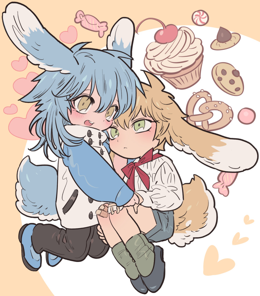 2boys animal_ears black_pants blonde_hair blue_hair candy chibi chibi_only chocolate_chip_cookie closed_mouth cookie cupcake dramatical_murder food full_body green_eyes hair_between_eyes heart highres jacket kemonomimi_mode knees_up long_hair long_sleeves male_focus meremero multiple_boys noiz_(dramatical_murder) pants pretzel rabbit_ears rabbit_tail red_ribbon ribbon seragaki_aoba shirt shoes short_hair sitting tail white_jacket white_shirt yellow_eyes