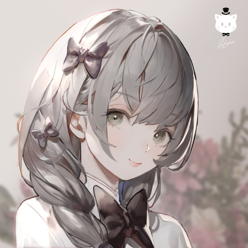 1girl artist_logo black_bow black_bowtie blurry blurry_background bow bowtie closed_mouth commentary dated_commentary english_commentary grey_hair hair_bow highres jung_wonjo lips logo long_hair looking_at_viewer original pink_lips portrait shirt signature smile solo white_shirt
