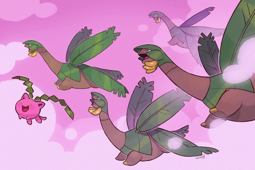 banana cloud colored_skin flying food fruit gen_2_pokemon gen_3_pokemon highres hoppip leaf nintendo no_humans open_mouth outdoors pink_skin pink_sky pokemon pokemon_(creature) sky squeegool tropius