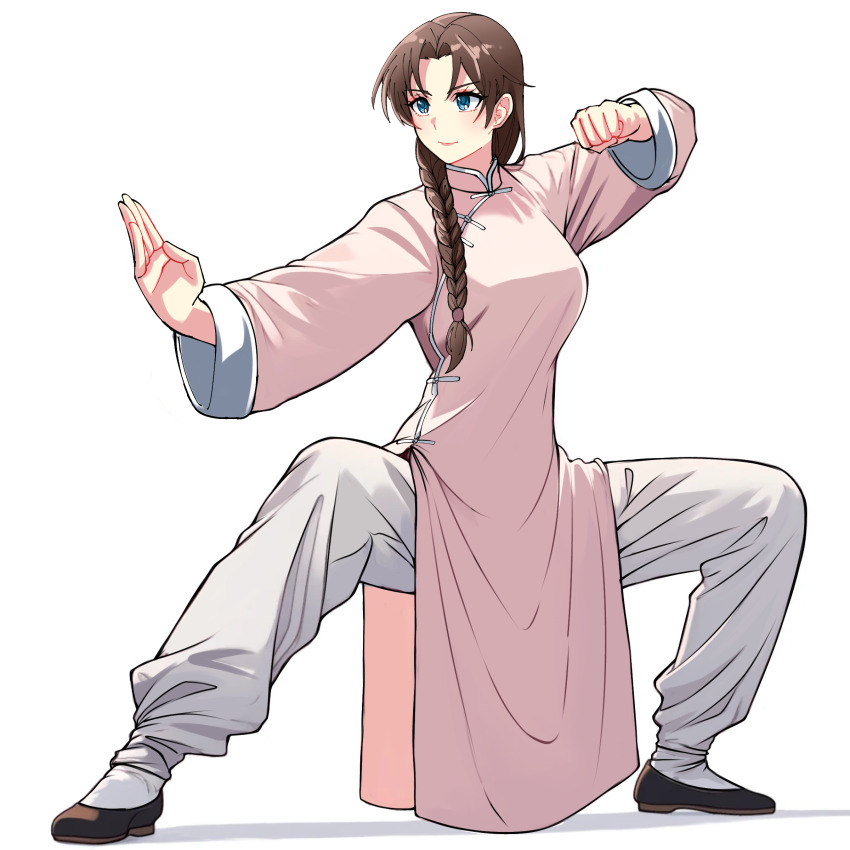 1girl absurdres blue_eyes braid brown_hair changpao china_dress chinese_clothes dress fighting fighting_stance highres kokoro_no_koibito kung_fu long_hair long_sleeves martial_arts monk original pink_dress self-upload shaolin_monk single_braid solo tangzhuang training