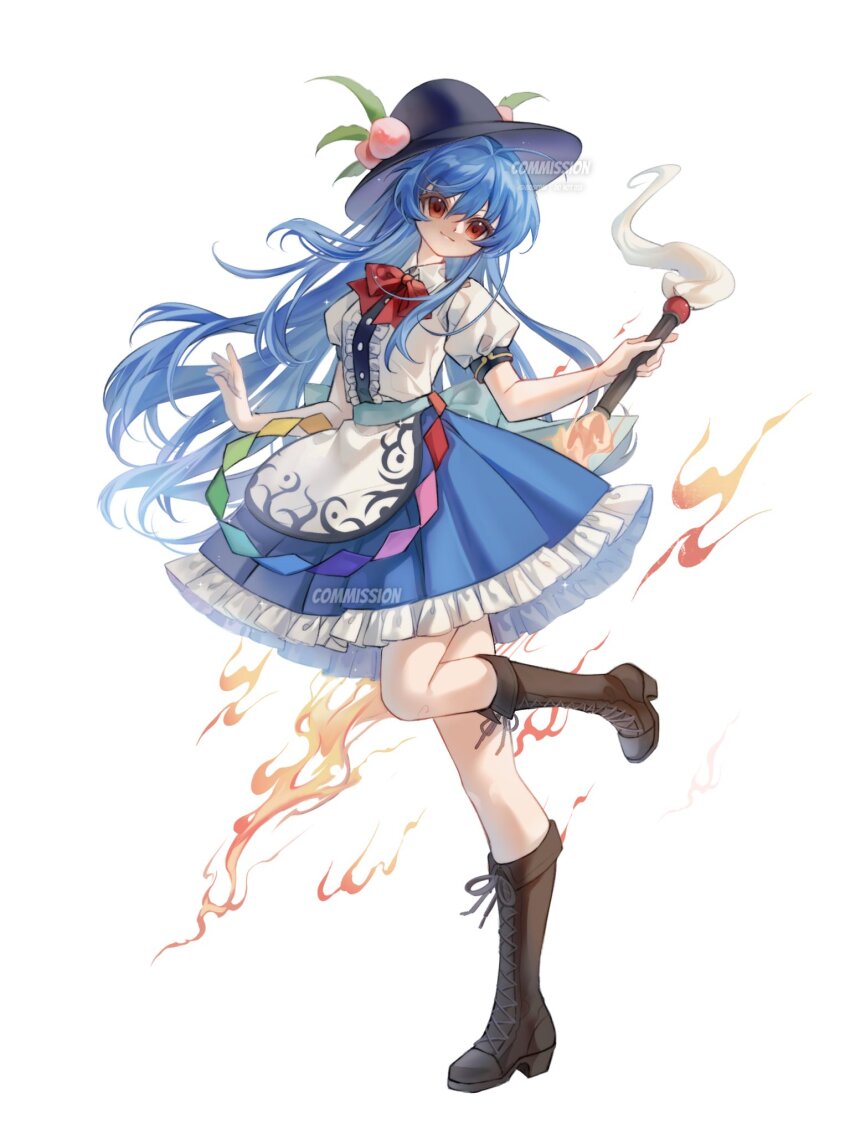 1girl 80isiiii black_hat blue_hair blue_skirt boots bow bowtie closed_mouth commentary commission frilled_skirt frills full_body hat highres hinanawi_tenshi holding holding_sword holding_weapon long_hair peach_hat_ornament rainbow_order red_bow red_bowtie red_eyes short_sleeves simple_background skirt solo sword symbol-only_commentary touhou weapon white_background