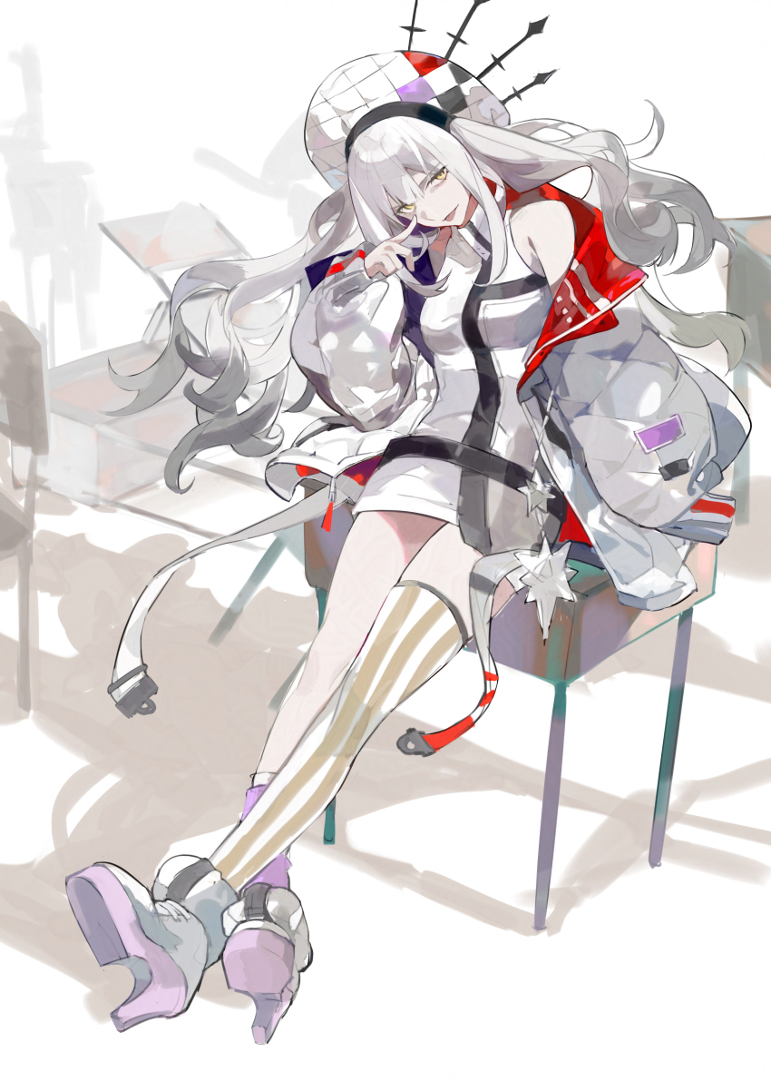 1girl absurdres bare_shoulders fate/grand_order fate_(series) fui_(fui29493452) hat high_heels highres jacket long_hair looking_at_viewer marie_antoinette_(fate) marie_antoinette_alter_(fate) marie_antoinette_alter_(first_ascension)_(fate) open_clothes open_jacket shirt shoes single_leg_pantyhose solo twintails white_hair white_hat white_jacket white_shirt white_shoes yellow_eyes