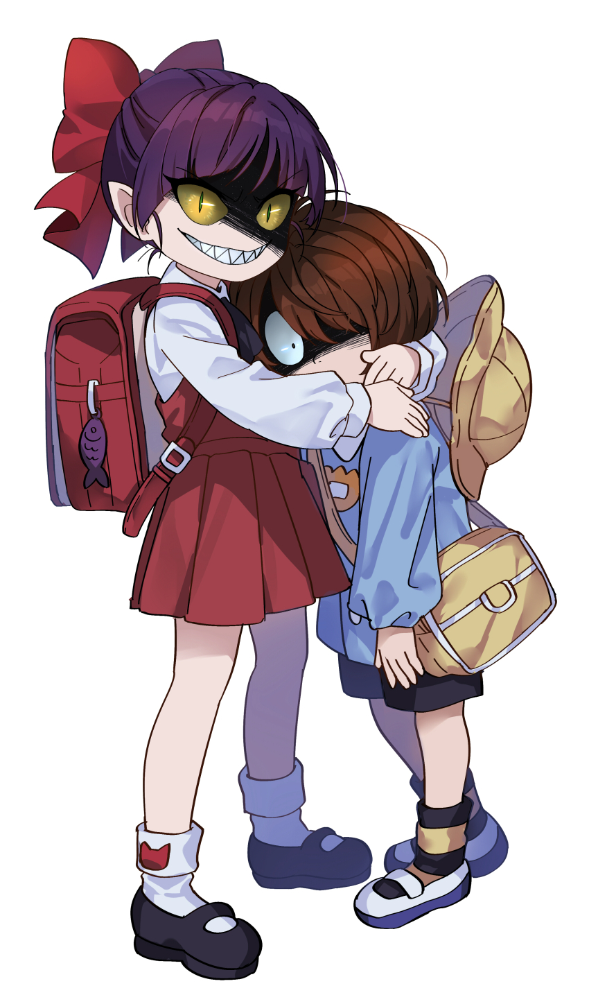 ._. 1boy 1girl absurdres aged_down alternate_costume brown_hair colored_sclera commentary_request evil_smile gegege_no_kitarou hair_over_one_eye highres hug kitarou nekomusume nekomusume_(gegege_no_kitarou_6) purple_hair sharp_teeth short_hair silanduqiaocui simple_background slit_pupils smile teeth yellow_sclera