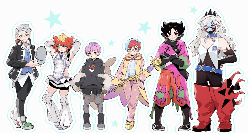 3boys 3girls absurdres ahoge arms_behind_head atticus_(pokemon) atticus_(pokemon)_(cosplay) backpack bag black_eyes black_gloves black_hair black_hoodie black_jacket black_pants black_shorts blonde_hair blue_hair blue_necktie blue_vest boots bright_pupils brown_bag cane closed_mouth coat collared_shirt commentary cosplay costume_switch creatures_(company) crossed_arms dafenpipixia detached_collar eri_(pokemon) eri_(pokemon)_(cosplay) facepaint game_freak giacomo_(pokemon) giacomo_(pokemon)_(cosplay) glasses gloves grey_eyes grey_hair grin hands_in_pockets headphones highres holding holding_cane hood hoodie jacket logo looking_at_viewer mela_(pokemon) mela_(pokemon)_(cosplay) multicolored_hair multiple_boys multiple_girls necktie nintendo open_clothes open_coat ortega_(pokemon) ortega_(pokemon)_(cosplay) pants pantyhose penny_(pokemon) penny_(pokemon)_(cosplay) pink_coat pink_hair pink_pants poke_ball_print pokemon pokemon_sv red_footwear red_hair round_eyewear see-through_clothes see-through_skirt shirt shoes short_hair shorts skirt smile standing star_(symbol) team_star teeth thigh_boots two-tone_hair vest white_background white_pupils white_shirt white_vest yellow_shoes