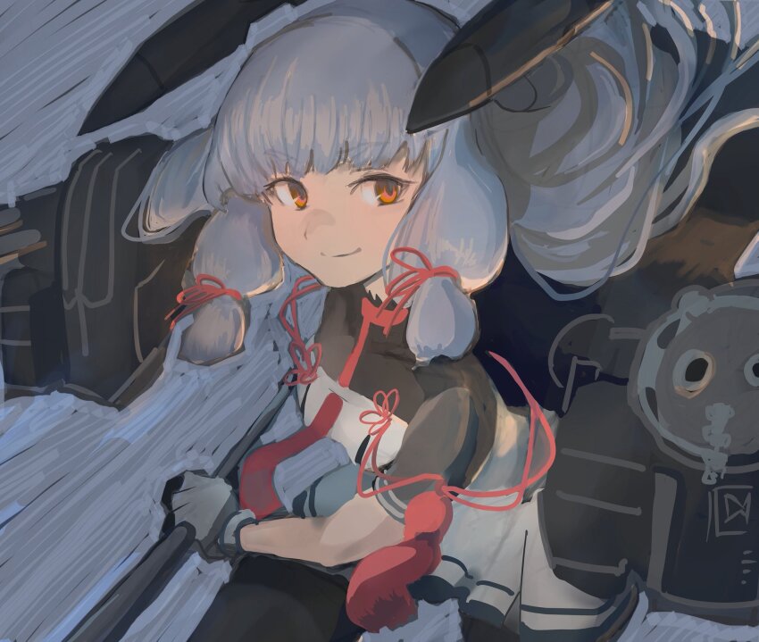 1girl black_pantyhose black_undershirt breasts dress gloves hair_ribbon headgear highres kantai_collection long_hair looking_to_the_side moor murakumo_(kancolle) murakumo_kai_ni_(kancolle) necktie orange_eyes pantyhose red_necktie ribbon sidelocks small_breasts smile solo strapless strapless_dress tress_ribbon very_long_hair white_hair