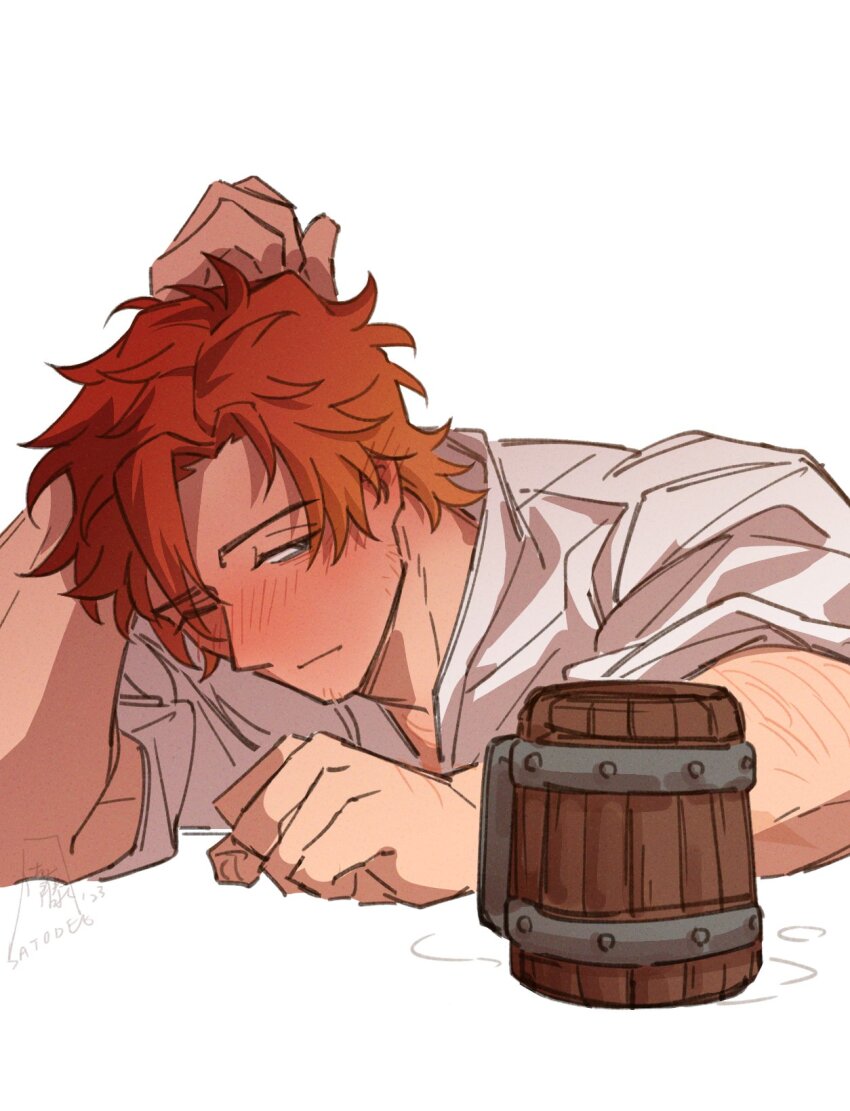 1boy arm_behind_head arm_hair arm_rest arm_up blush closed_mouth collared_shirt commentary cup dated drunk english_commentary eyes_visible_through_hair fire_emblem fire_emblem:_three_houses hair_between_eyes highres looking_to_the_side male_focus nintendo one_eye_closed orange_hair red_hair satodee shirt short_hair sideways_glance signature solo sylvain_jose_gautier tankard twitter_username wavy_hair white_background white_shirt