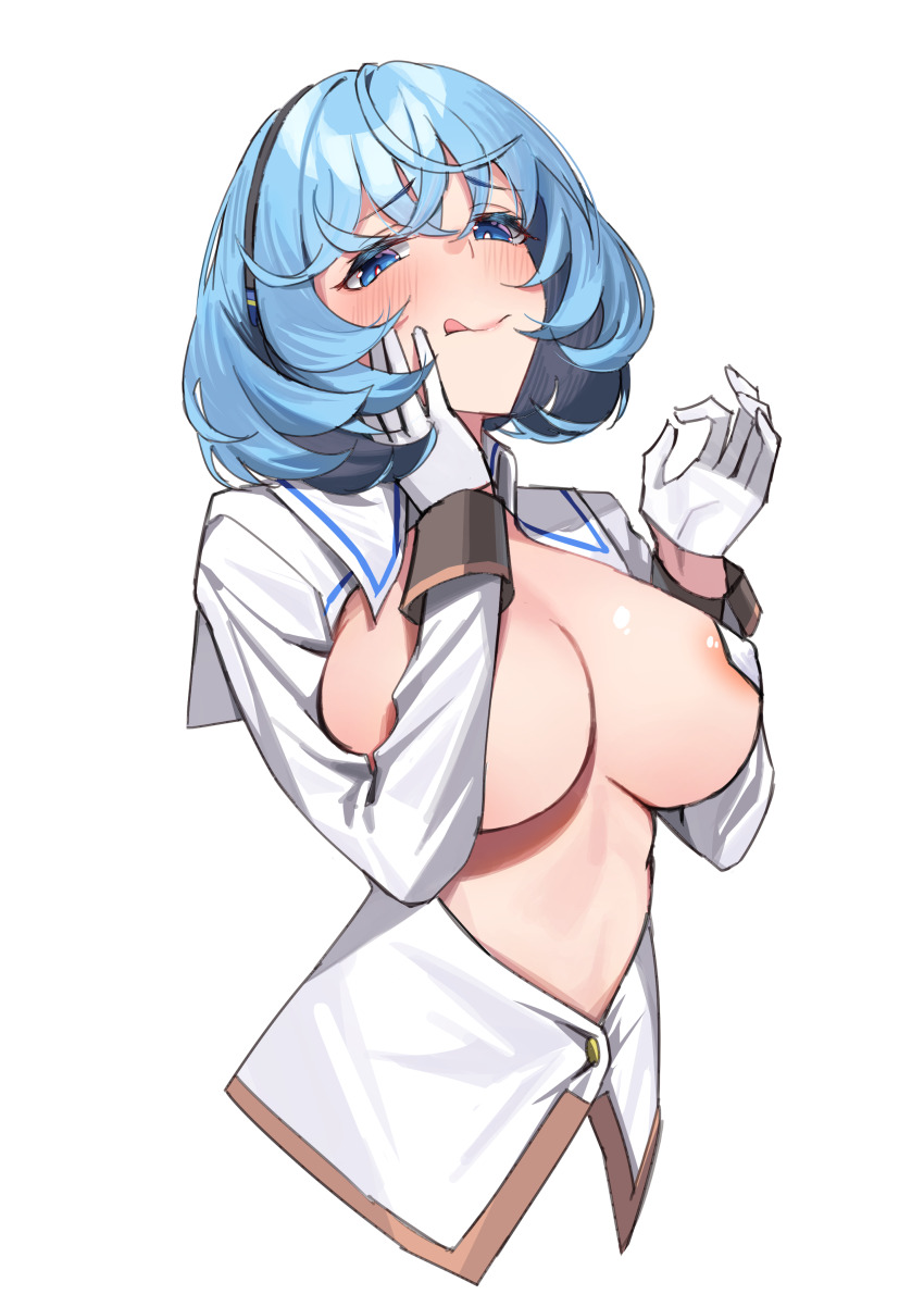 1girl :q absurdres areola_slip bairimeng black_hairband blue_eyes blue_hair blush breasts coat commentary_request gloves hairband hand_on_own_cheek hand_on_own_face hands_up highres large_breasts long_sleeves looking_at_viewer naughty_face nukigee_mitai_na_shima_ni_sunderu_watashi_wa_dou_surya_ii_desu_ka? ok_sign onabuta_ikuko revealing_clothes short_hair solo tongue tongue_out transparent_background white_coat white_gloves white_pasties