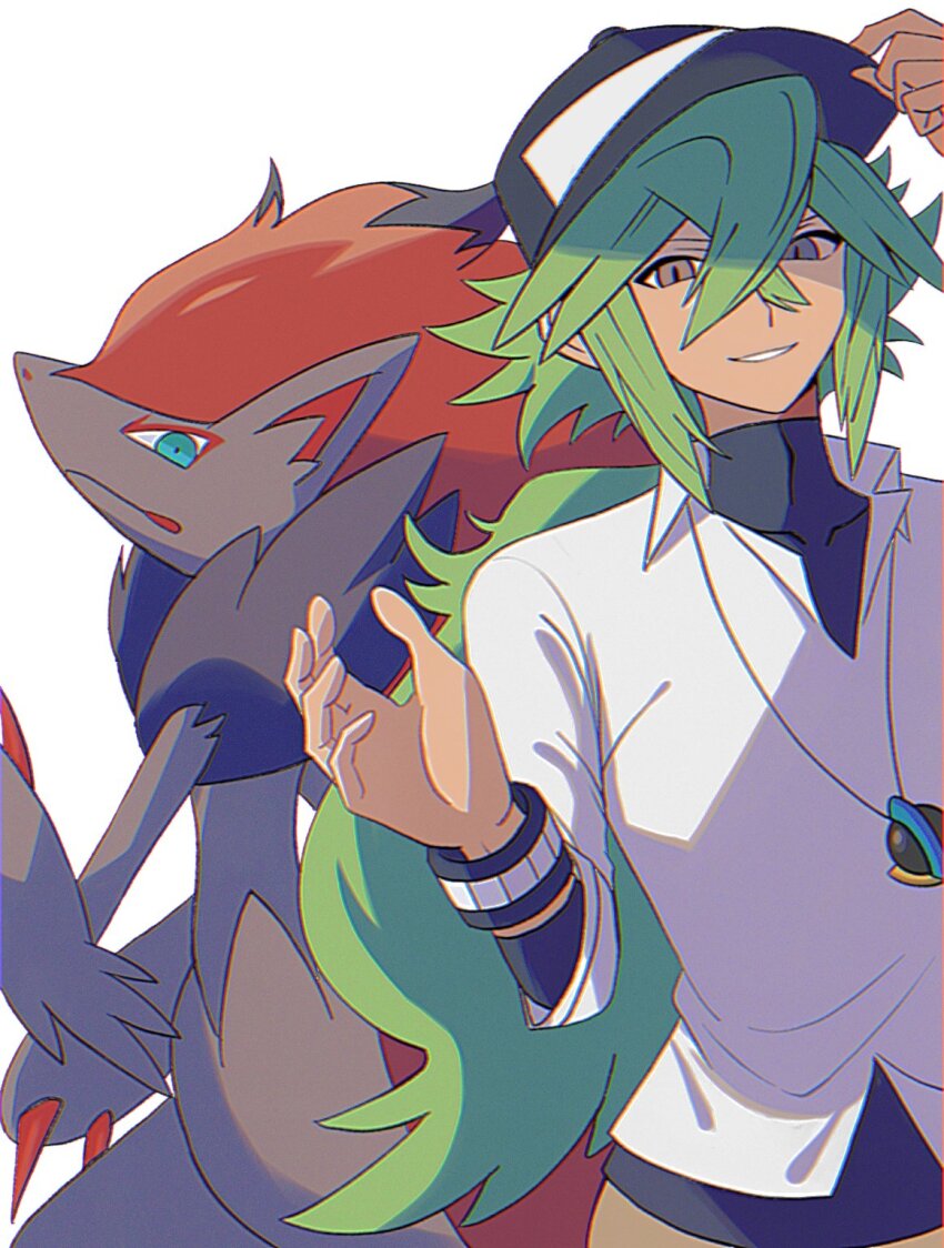 1boy 1other animal_ears baseball_cap black_fur black_hair black_undershirt blue_eyes body_fur claws closed_mouth game_freak gen_5_pokemon green_hair grey_eyes grey_fur hair_between_eyes hat highres jewelry long_hair looking_at_viewer male_focus multicolored_hair n_(pokemon) neck_fur necklace nintendo pokemon pokemon_(creature) pokemon_bw ponytail red_fur red_hair shirt simple_background standing two-tone_fur two-tone_hair undershirt upper_body very_long_hair white_background white_shirt zero_(sleepy_meltan) zoroark
