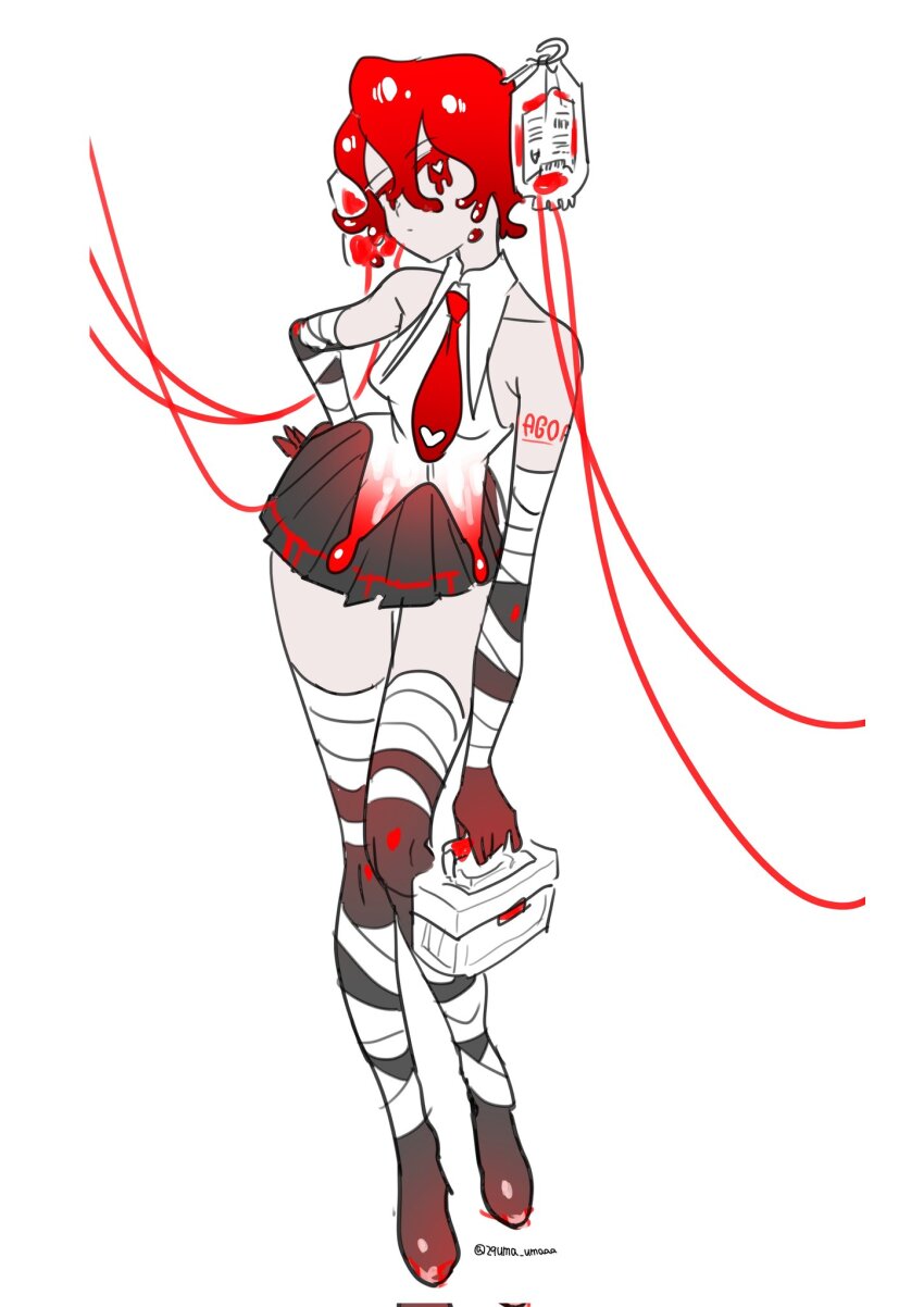 1girl bandaged_arm bandaged_leg bandages blood blood_bag commentary_request first_aid_kit full_body hand_on_own_hip hatsune_miku highres holding intravenous_drip liquid_hair long_hair looking_at_viewer melting_eyes original red_eyes red_hair shirt simple_background skirt sleeveless sleeveless_shirt solo sukuyo_onaka twintails vocaloid white_background white_shirt