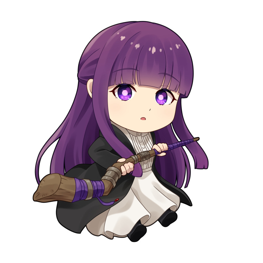 1girl absurdres black_boots black_robe boots chibi dress fern_(sousou_no_frieren) full_body goom_(goomyparty) highres holding holding_staff hood hood_down hooded_robe long_hair looking_at_viewer open_clothes open_robe parted_lips purple_eyes purple_hair robe shoe_soles simple_background solo sousou_no_frieren staff very_long_hair white_background white_dress