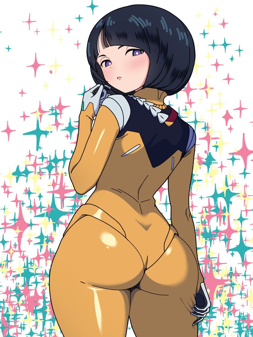 1girl absurdres ass black_hair blue_eyes blush bodysuit commentary_request gundam gundam_gquuuuuux highres kaname_aizuki looking_back mature_female mecha_pilot_suit open_mouth shiiko_sugai short_hair solo sparkle white_background yellow_bodysuit