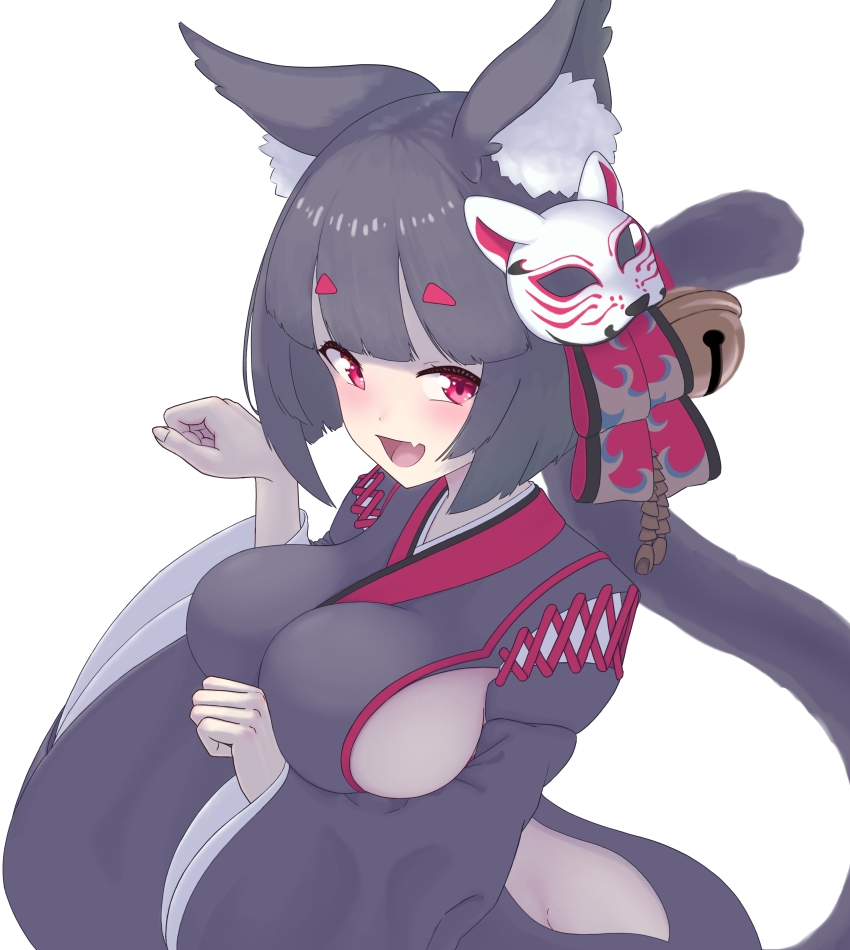 absurdres animal_ear_fluff animal_ears azur_lane bell black_kimono breasts brown_hair cat_ears cat_mask coariouse fang highres hip_vent japanese_clothes jingle_bell kimono looking_at_viewer mask mask_on_head mismatched_eyebrows paw_pose short_hair short_kimono sideboob sideless_kimono skin_fang smile tail tail_bell tail_ornament white_background yamashiro_(azur_lane)
