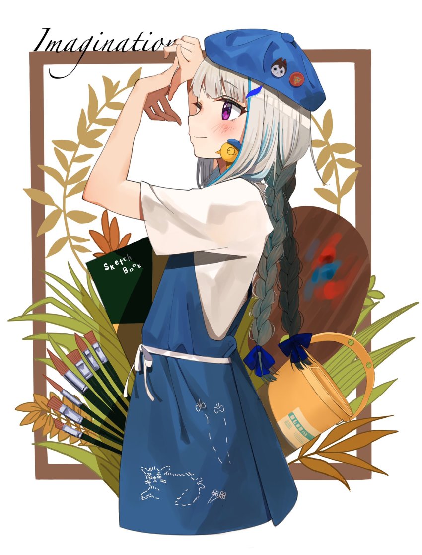1girl apron beret blue_bow blue_hat blush border bow braid bug butterfly cat english_text facing_to_the_side gesture grass hair_bow hat highres insect lize_helesta multicolored_hair nijisanji paint_can paintbrush paint_palette pin plant purple_eyes sen_(sennosenn1127) sketchbook solo streaked_hair string_belt twin_braids virtual_youtuber white_hair