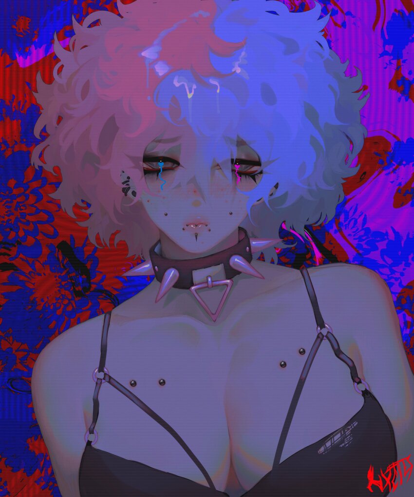 1girl absurdres afro black_camisole blue_background blue_hair breast_piercing breasts camisole cheek_piercing cleavage collar commentary ear_piercing face_piercing frown highres labret_piercing large_breasts lip_piercing multicolored_hair nxctes original piercing portrait red_background red_hair signature solo spiked_collar spikes split-color_hair symbol-only_commentary two-tone_hair