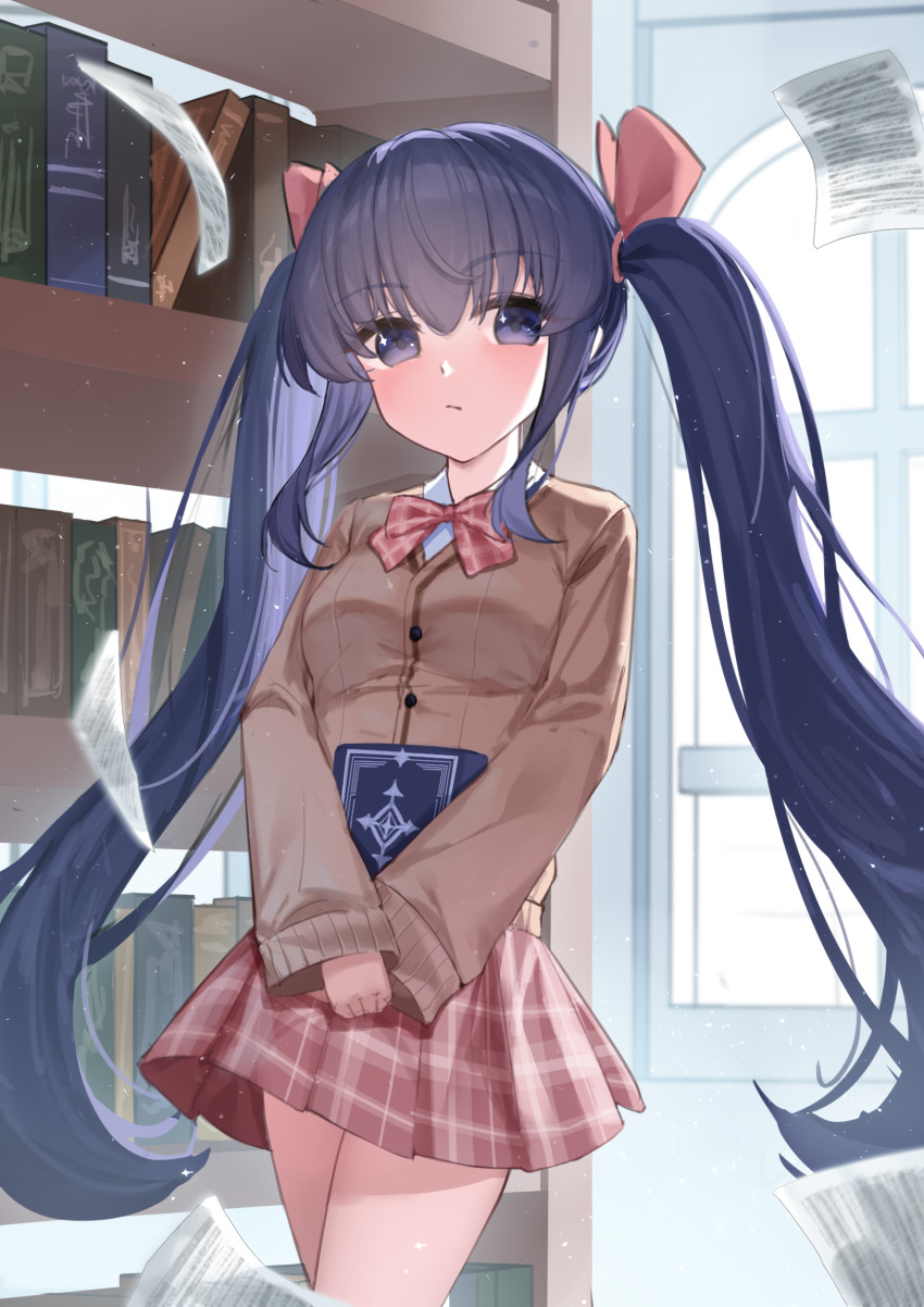 1girl black_eyes black_hair blazer book bookshelf bow bowtie brown_jacket commentary_request eyes_visible_through_hair flying_paper hair_ribbon highres holding holding_book jacket library long_hair looking_at_viewer original paper plaid_bow plaid_bowtie plaid_clothes plaid_skirt pleated_skirt red_bow red_bowtie red_skirt ribbon school_uniform shirt skirt solo sparkling_eyes twintails white_shirt window wlswlp