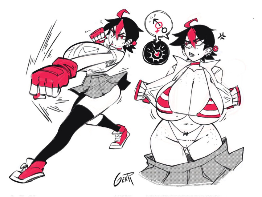 anger_vein angry body_freckles bra breasts fighting_stance freckles gerph gloves hair_ornament huge_breasts mole original panties punching requesting_impregnation school_uniform skarpworld thick_thighs thighhighs thighs tomboy underwear