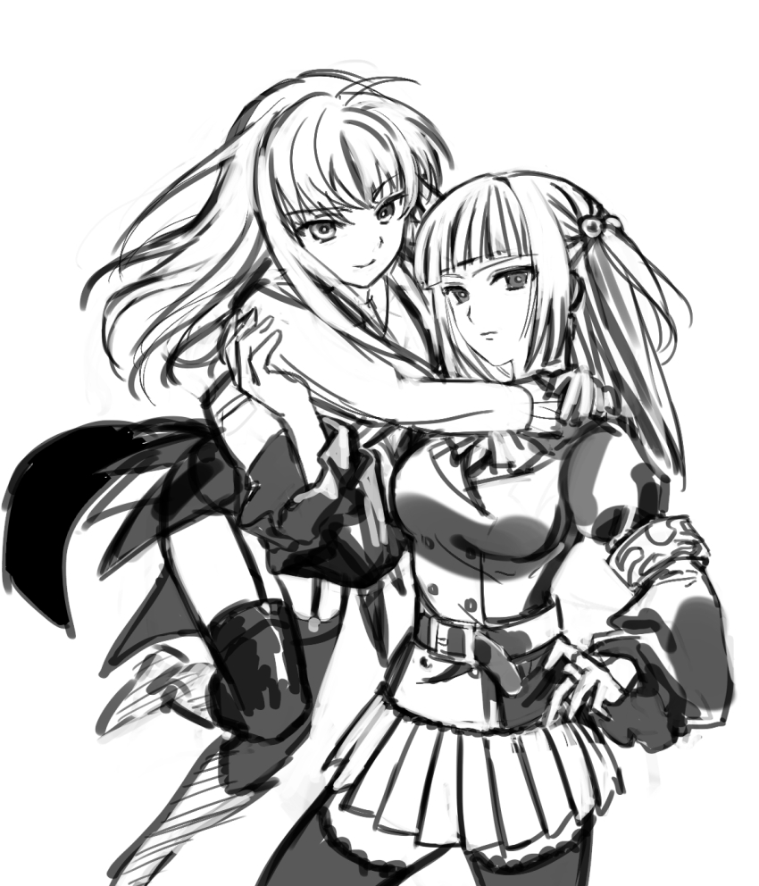 2girls blunt_bangs closed_mouth cowboy_shot greyscale hair_between_eyes highres ittemiyoyo long_hair looking_at_viewer mammon_(umineko) monochrome multiple_girls school_uniform sidelocks simple_background sketch smile standing umineko_no_naku_koro_ni ushiromiya_ange white_background