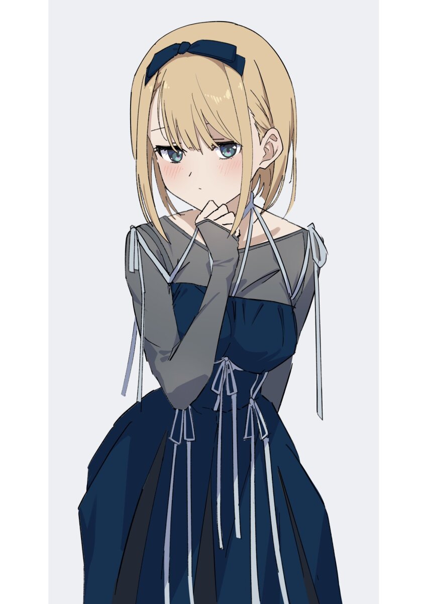 1girl 22/7 arm_behind_back ato_de_wakaru_koto blonde_hair blue_bow blue_dress blue_hairband blush bow bow_hairband closed_mouth cowboy_shot dress furumoto green_eyes grey_background hair_bow hairband hand_on_own_cheek hand_on_own_face highres long_sleeves looking_at_viewer looking_to_the_side ribbon saito_nicole see-through_clothes see-through_sleeves short_hair shy solo white_ribbon