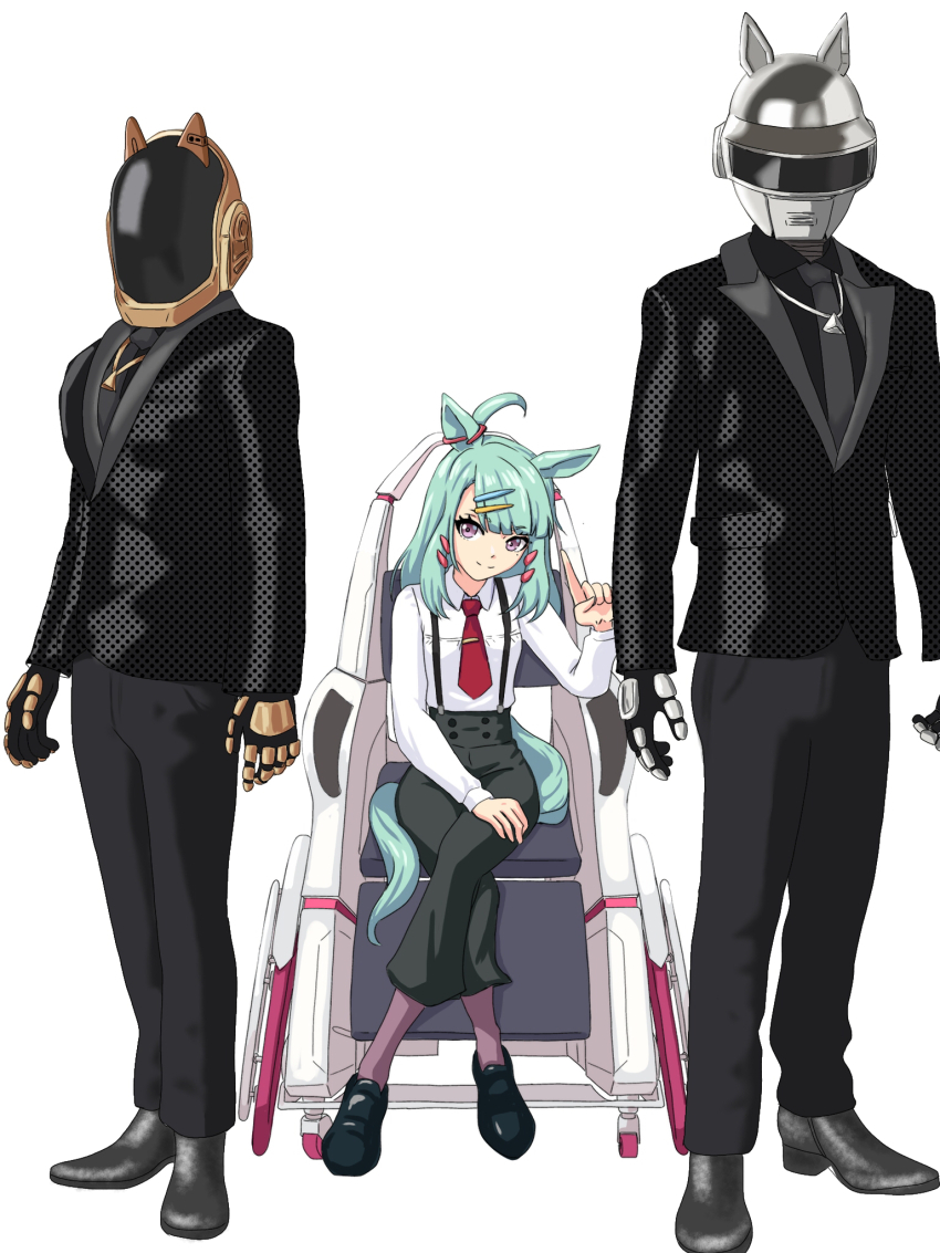ahoge animal_ears black_jacket black_pants crossed_legs daft_punk earclip facing_viewer full_body guy-manuel_de_homem-christo hair_ornament hairclip highres horse_ears horse_girl index_finger_raised jacket long_sleeves looking_at_viewer medium_hair mole mole_under_eye necktie pants purple_eyes red_necktie simple_background sugar_lights_(umamusume) thomas_bangalter tie_clip umamusume wheelchair white_background zenbrush2