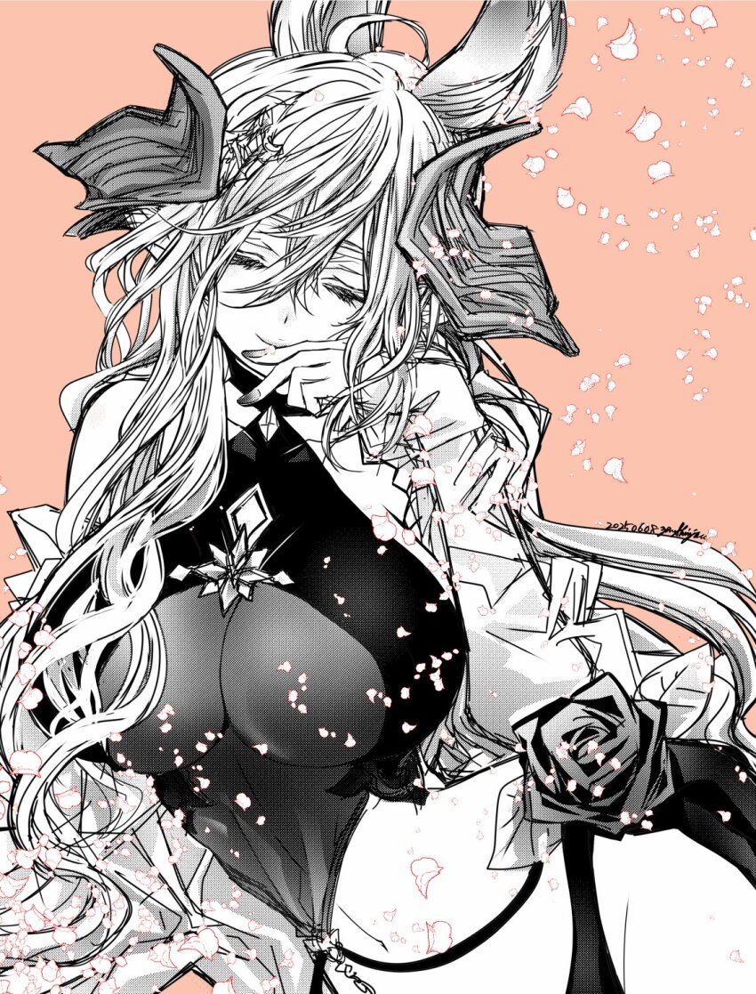 1girl animal_ears breasts closed_eyes dated galleon_(granblue_fantasy) granblue_fantasy halterneck highres horns huge_breasts long_bangs long_hair monochrome navel pointy_ears solo zennomituaka