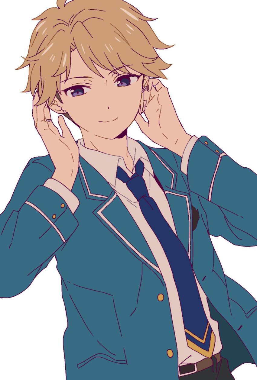 1boy blazer blonde_hair blue_necktie closed_mouth collared_shirt cowboy_shot curtained_hair earrings ensemble_stars! flat_color flipped_hair hands_on_own_cheeks hands_on_own_face hands_up highres jacket jewelry light_smile long_sleeves looking_to_the_side male_focus narukami_arashi necktie nimaro0129 open_clothes open_jacket purple_eyes shirt short_hair side_part sideways_glance simple_background solo split_mouth stud_earrings swept_bangs undercut white_background white_shirt wing_collar