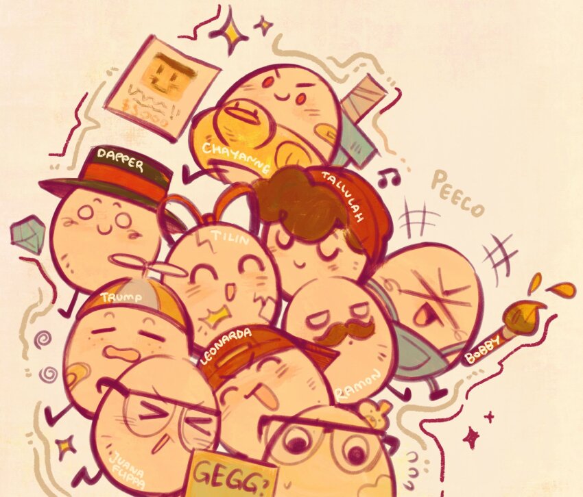 &gt;_&lt; ^_^ animate_object backwards_hat beanie bobby_(quackity_smp) brown_hair character_name chayanne closed_eyes commentary crack creature creature_focus dapper_(quackity_smp) diamond_(gemstone) duck_innertube egg english_commentary everyone facial_hair gegg glasses googly_eyes hat highres holding holding_paintbrush juanaflippa leonarda_(quackity_smp) minecraft_youtube mustache no_humans open_mouth overalls paintbrush peeco_0 propeller_hat quackity quackity_smp ramon_(quackity_smp) red_hat red_ribbon ribbon sword tallulah_(old_design)_(quackity_smp) tallulah_(quackity_smp) tilin top_hat trump_(quackity_smp) weapon