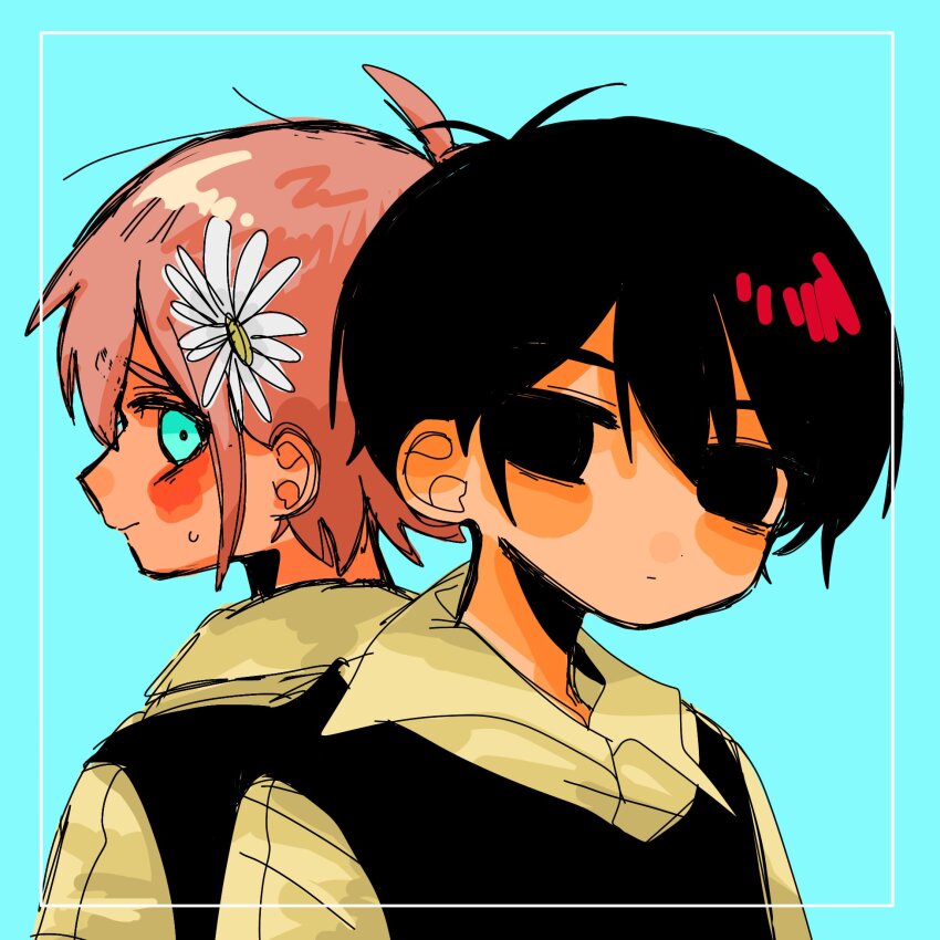 2boys antenna_hair aqua_eyes back-to-back basil_(faraway)_(omori) basil_(omori) black_eyes black_hair black_sweater_vest blue_background brown_hair closed_mouth collared_shirt commentary_request empty_eyes flower hair_flower hair_ornament highres inset_border kobanzame_omo looking_at_viewer looking_back male_focus multiple_boys no_pupils omori shirt short_hair simple_background smile sunny_(omori) sweatdrop sweater_vest upper_body white_flower white_shirt