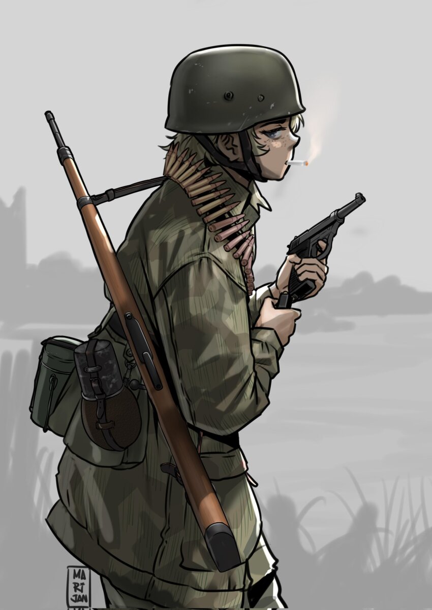 1girl ammunition_belt ammunition_pouch battle_of_carentan blonde_hair blue_eyes bolt_action canteen cigarette combat_helmet commentary english_commentary fallschirmhelm fallschirmjaeger finger_on_trigger france german_army gun gun_sling handgun helmet highres invasion_of_normandy luftwaffe magazine_(weapon) mardjan mauser_98 military military_combat_uniform military_uniform mouth_hold original outdoors paratrooper pouch reloading rifle short_hair smoke smoke_trail smoking soldier walther walther_p38 weapon wehrmacht world_war_ii