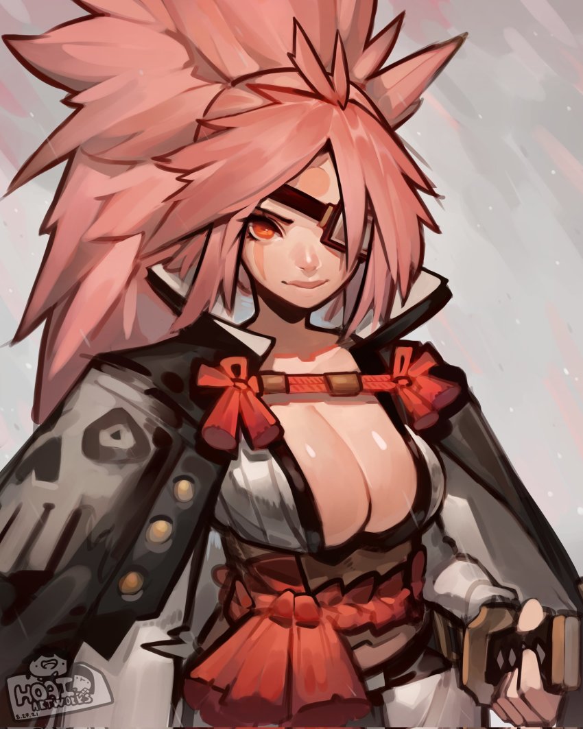 1girl amputee baiken breasts cleavage eyepatch facial_tattoo guilty_gear guilty_gear_xrd highres hoai_vu japanese_clothes katana kimono large_breasts long_hair obi one-eyed open_clothes open_kimono pink_eyes pink_hair ponytail samurai_spirits sash scar scar_across_eye scar_on_face solo sword tattoo weapon