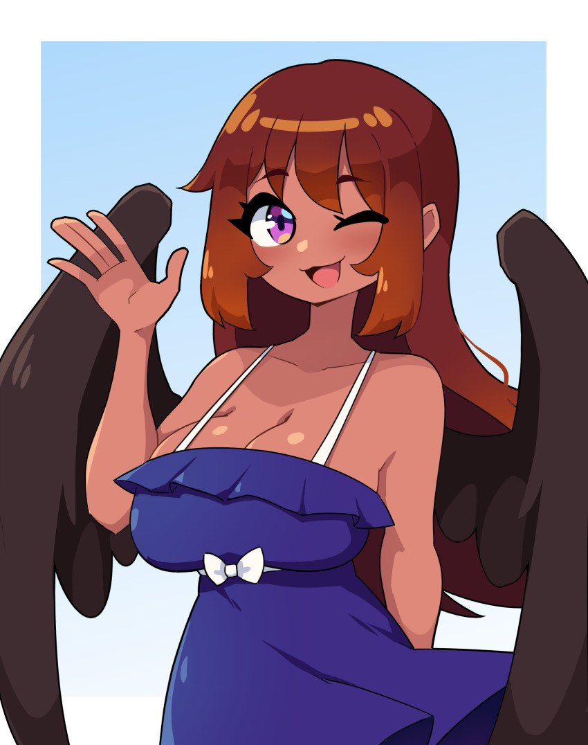 1girl :3 absurdres arm_behind_back black_wings blue_background blue_dress border bow breasts brown_hair cleavage collarbone commission daigada dark-skinned_female dark_skin dress feathered_wings frilled_dress frills gradient_background hair_between_eyes highres large_breasts long_hair looking_at_viewer one_eye_closed open_mouth original purple_eyes sidelocks solo waving white_background white_border white_bow wings