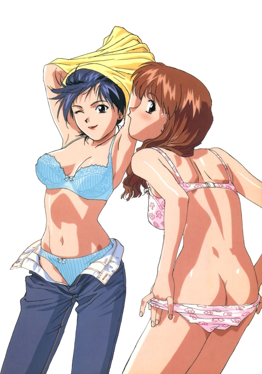 1990s_(style) 2girls _girls armpits arms_up ass asuka_(viper) back blue_bra blue_eyes blue_hair blue_panties blush bow bow_panties bra breasts brown_eyes brown_hair butt_crack cleavage clothes_pull dark_blue_hair denim earrings female_focus highres jeans jewelry katsura_ken&#039;ichirou large_breasts lingerie lipstick long_hair looking_at_viewer makeup matching_hair/eyes medium_breasts miki_(viper) multiple_girls navel official_art one_eye_closed open_clothes open_pants panties pants panty_pull pink_bra pink_panties red_lips retro_artstyle shirt_pull short_hair smile sogna standing striped_clothes striped_panties sweatdrop thick_thighs thighs unbuttoned underwear underwear_only undressing unzipped viper_(series) viper_ctr wink