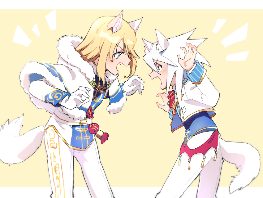 2boys animal_ears azuma_yukihiko blonde_hair blue_eyes cape cat_boy cat_ears cat_tail claw_pose fang fur-trimmed_cape fur_trim genius_sage highres jacket long_sleeves looking_at_another male_focus medium_hair mithos_yggdrasill multiple_boys pants tail tail_ornament tales_of_(series) tales_of_symphonia white_hair white_jacket white_pants yaoi yellow_background