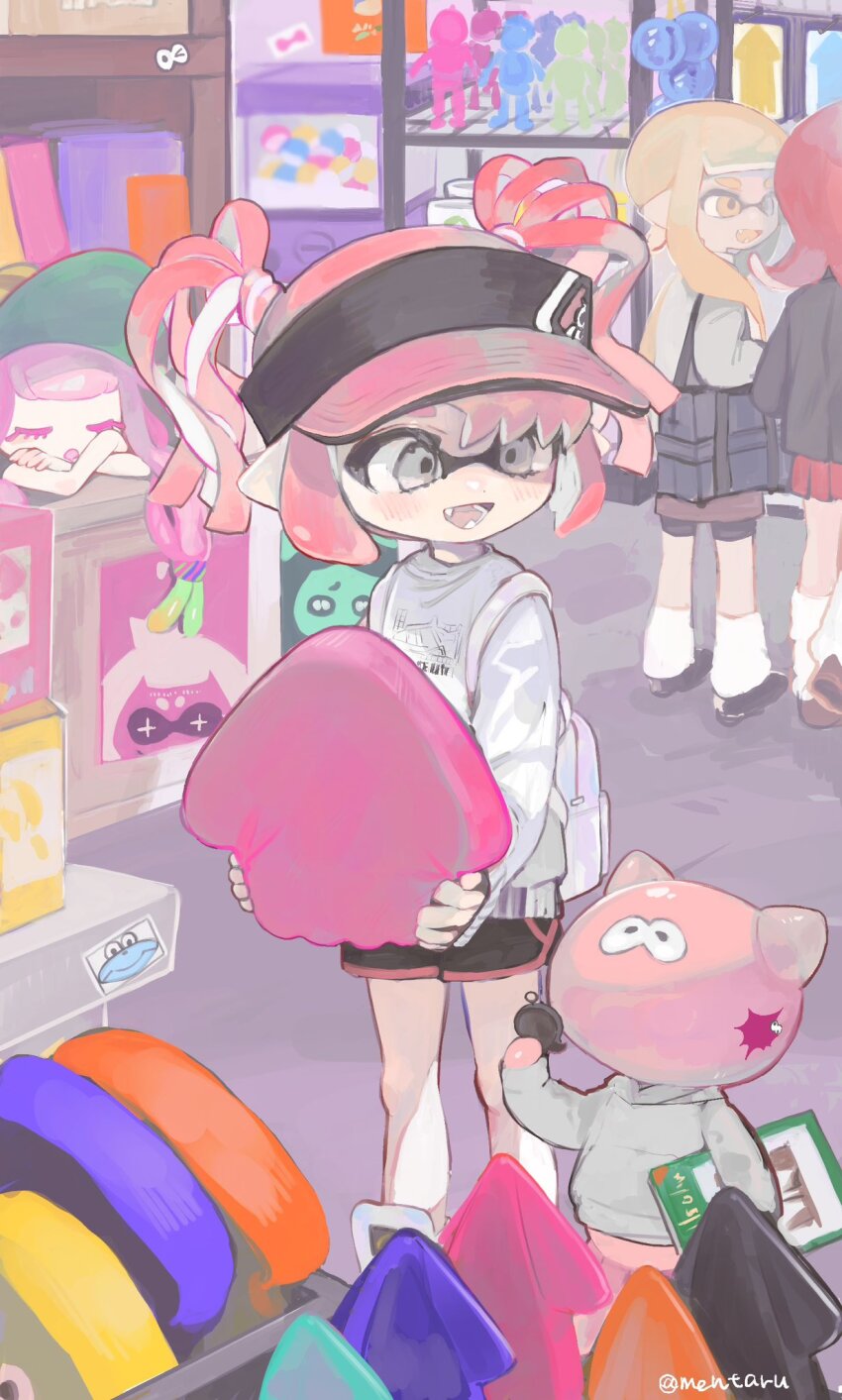 4girls amezawa_koma artist_name backpack bag baseball_cap black_hat black_shorts blonde_hair charm_(object) colored_eyelashes commentary_request dolphin_shorts fangs gashapon green_hair grey_eyes harmony_(splatoon) hat highres holding holding_charm holding_stuffed_toy inkling inkling_girl inkling_player_character jellyfish_(splatoon) long_hair long_sleeves looking_at_creature multicolored_hair multiple_girls nintendo octoling octoling_girl octoling_player_character open_mouth pink_hair pointy_ears poster_(object) shopping short_hair short_twintails shorts sidelocks sleeping smile splatoon_(series) splatoon_3 stuffed_squid stuffed_toy sweater tentacle_hair twintails visor_cap white_bag white_sweater