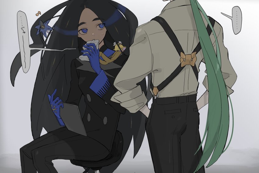 ... 2girls absurdres black_hair black_jacket black_pants blue_eyes blue_gloves buttons commentary_request flittle game_freak geeta_(pokemon) glimmet gloves green_hair highres holding jacket long_hair long_sleeves looking_to_the_side multiple_girls musical_note ningenmi_aru nintendo pants pokemon pokemon_(creature) pokemon_sv rika_(pokemon) shirt sitting sleeves_rolled_up speech_bubble spoken_ellipsis stool sweatdrop
