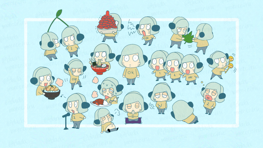 1boy black_eyes blue_background blue_hair chibi curry curry_rice eating facial_mark food harunoseki0414 highres holding holding_instrument holding_maracas instrument male_focus maracas marijuana multiple_views noodles nyon_(randal&#039;s_friends) ramen randal&#039;s_friends rice shirt short_hair sprout_on_head whisker_markings yellow_shirt