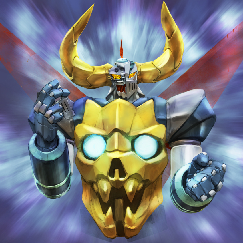 blue_eyes commentary_request daikuu_maryuu daikuu_maryuu_gaiking damaged fangs gaiking gaiking_(dmg) glowing glowing_eyes horns igunuk jaws light looking_at_viewer machinery mecha mecha_focus no_humans original redesign robot science_fiction super_robot upper_body yellow_eyes