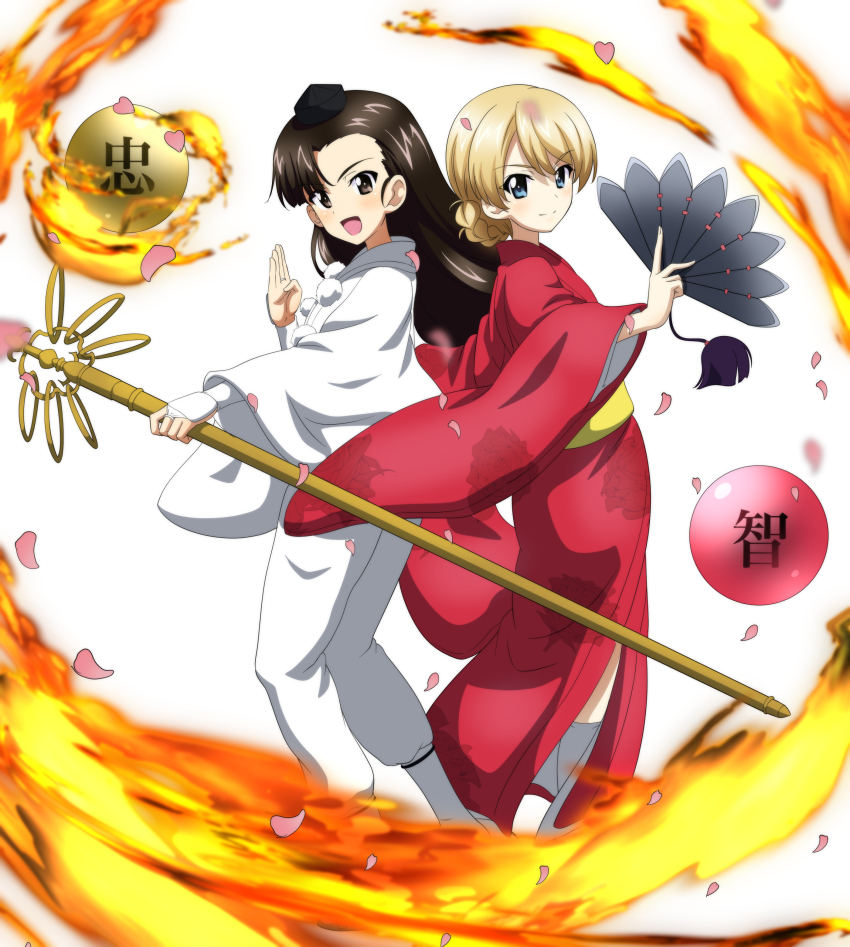 2girls absurdres commentary commission commissioner_upload cosplay darjeeling_(girls_und_panzer) english_commentary fire girls_und_panzer girls_und_panzer_senshadou_daisakusen! highres inuyama_dousetsu_tadatomo inuyama_dousetsu_tadatomo_(cosplay) inuzaka_keno_tanetomo inuzaka_keno_tanetomo_(cosplay) key_(gaigaigai123) monk multiple_girls nansou_satomi_hakkenden nishi_kinuyo petals second-party_source shakujou staff