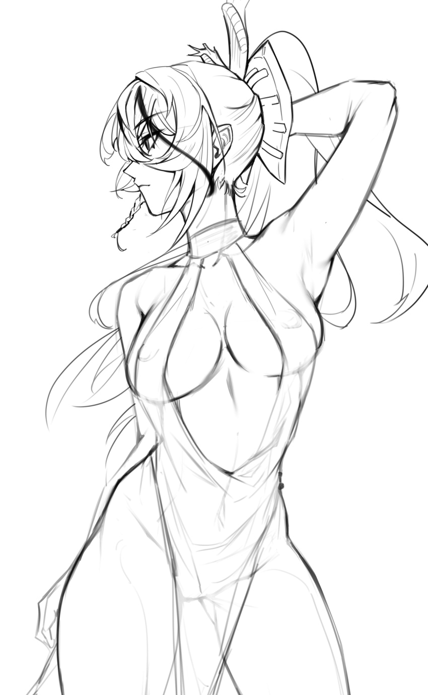 1girl absurdres akafuyu_(arknights) alternate_costume arknights arm_up armpits bare_shoulders breasts center_opening cleavage closed_mouth covered_navel cowboy_shot dress gluteal_fold greyscale highres large_breasts long_hair looking_away looking_to_the_side medium_breasts monochrome multicolored_hair pelvic_curtain ponytail profile revealing_clothes see-through_clothes simple_background sketch solo streaked_hair tierla two-tone_hair white_background