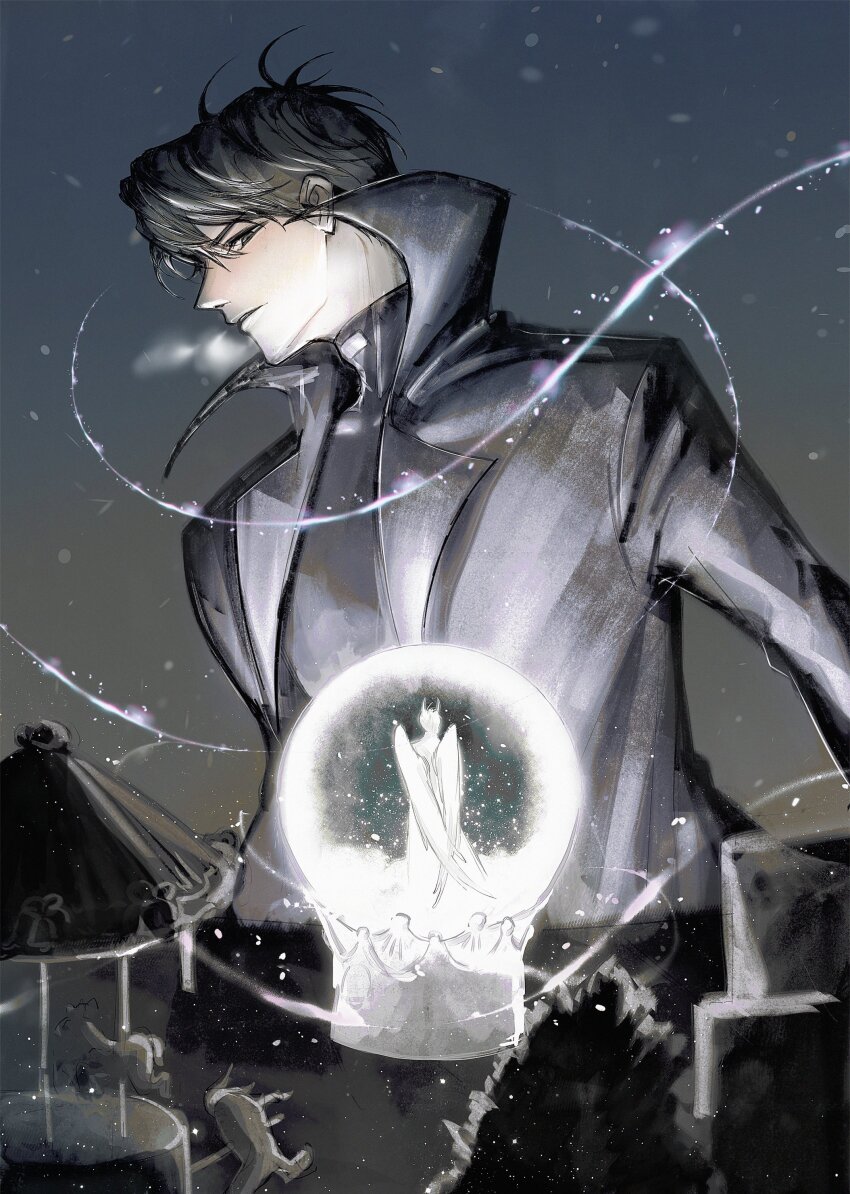 2boys absurdres black_coat black_eyes black_hair carousel coat curtained_hair demon_horns feathered_wings greyscale highres horns horse in_snow_globe kim_dokja light_particles looking_at_another mini_person monochrome multiple_boys official_alternate_costume omniscient_reader&#039;s_viewpoint open_mouth popped_collar raya_(000_unseen) short_hair silhouette size_difference snow teeth tree upper_teeth_only white_wings wings yoo_joonghyuk