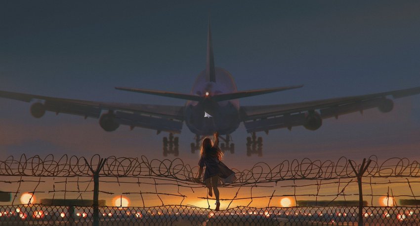 1girl aircraft airplane alzi_xiaomi anklet barefoot boeing_747 brown_hair cityscape climbing dress facing_away female_focus fence highres jewelry long_hair original outdoors pale_skin paper_airplane plane solo solo_focus sunset