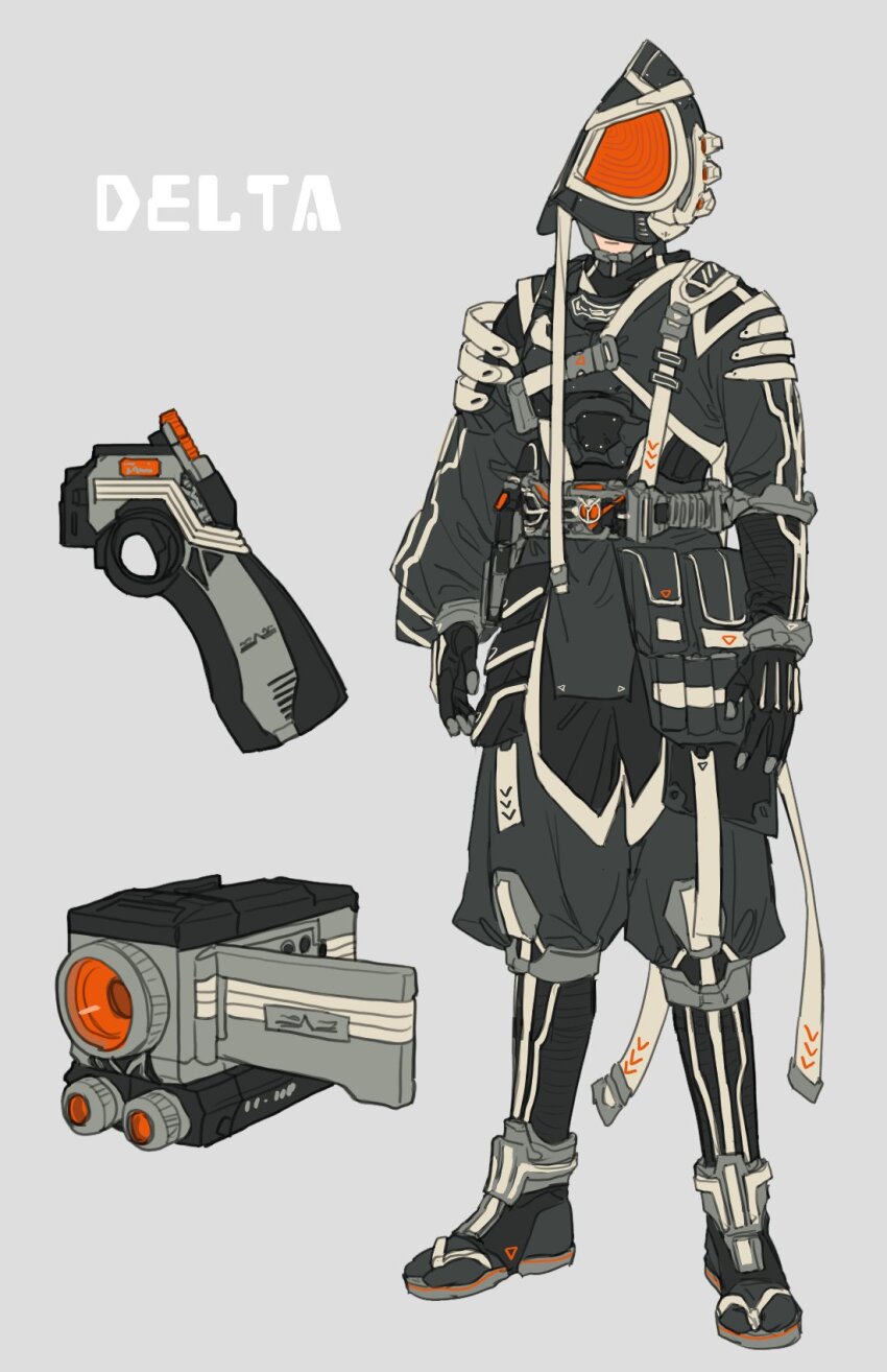 1boy adapted_costume armor bbbb_fex belt black_gloves camera cyberpunk gloves highres japanese_armor kamen_rider kamen_rider_555 kamen_rider_delta male_focus samurai solo standing streetwear video_camera weapon