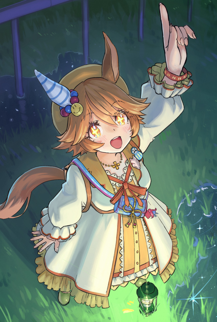 +_+ 1girl absurdres animal_ears beret blush breasts fence grass hair_between_eyes hair_ornament hat highres horse_girl matikanefukukitaru_(good_omen_first_storm)_(umamusume) matikanefukukitaru_(umamusume) medium_breasts open_mouth orange_eyes orange_hair orange_hat short_hair solo tail tokiwa_png umamusume