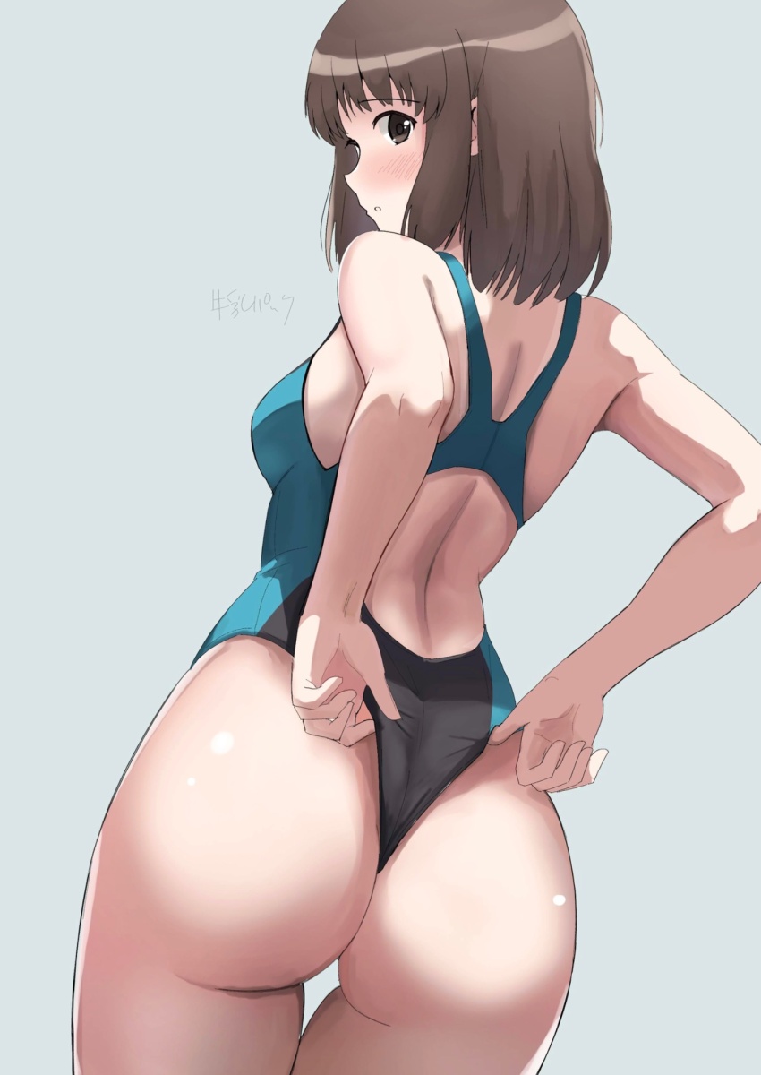 amagami ass ass_focus blush brown_hair competition_swimsuit gyuunyuu_pack_(tanaka) highres huge_ass looking_back one-piece_swimsuit short_hair swimsuit tanaka_keiko_(amagami)