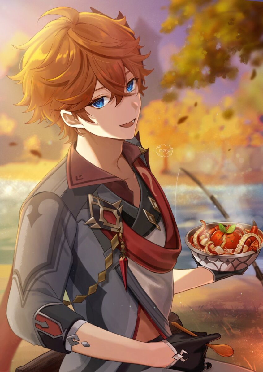 1boy :d ahoge artist_name black_gloves blue_eyes bowl brown_hair commentary_request fishing_rod food genshin_impact gloves grey_shirt hair_between_eyes highres hitsujino_mery holding holding_bowl holding_spoon lake male_focus open_mouth purple_sky shirt sky smile solo spoon tartaglia_(genshin_impact) tree water