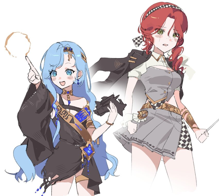 2girls 37_(reverse:1999) :d alternate_costume bare_shoulders black_dress black_hairband black_jacket blue_eyes blue_hair checkered_hairband circle cowboy_shot cropped_legs dress freckles gold_choker green_eyes grey_shirt grey_skirt guni_(9guniguni) hairband hands_up highres holding holding_mask index_finger_raised jacket jacket_on_shoulders long_hair looking_to_the_side mask midriff miniskirt multiple_girls open_mouth red_hair reverse:1999 shirt short_dress short_sleeves single_tear skirt smile sophia_(reverse:1999) very_long_hair white_background