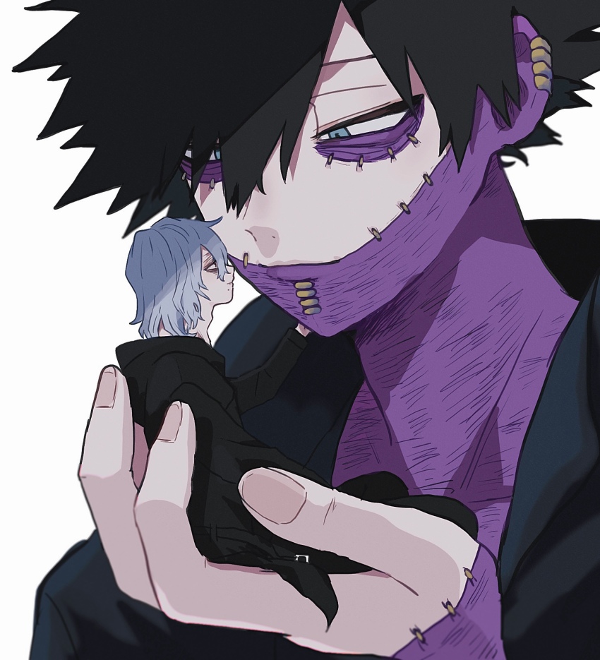 2boys ametaro_(ixxxzu) black_hair black_jacket blue_eyes boku_no_hero_academia burn_scar cheek_piercing dabi_(boku_no_hero_academia) face_piercing grey_hair highres hood hooded_jacket implied_yaoi jacket male_focus medium_hair mini_person multiple_boys multiple_scars piercing red_eyes scar scar_on_face shigaraki_tomura short_hair simple_background spiked_hair staple stapled white_background wrinkled_skin