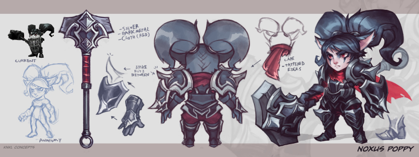 1girl alternate_costume alternate_hairstyle animal_ears armor artist_name black_hair buckler character_name concept_art eyeshadow fang hammer highres kienan_lafferty league_of_legends makeup multiple_views noxus_poppy poppy_(league_of_legends) red_eyes scarf shield sketch slit_pupils spikes turnaround twintails weapon