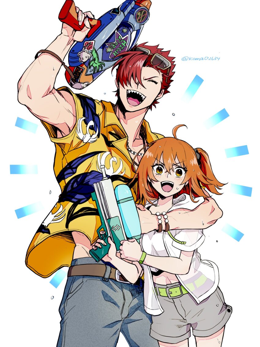 1boy 1girl ahoge arm_around_shoulder belt black_scrunchie blush chaldea_logo closed_eyes crop_top denim eyewear_on_head fate/grand_order fate_(series) fujimaru_ritsuka_(female) fujimaru_ritsuka_(female)_(summer_street) green_belt grey_shorts hair_ornament hair_over_one_eye hair_scrunchie highres holding holding_water_gun jacket jeans koma02634 lapels mori_nagayoshi_(fate) navel notched_lapels official_alternate_costume open_mouth orange_hair pants red_hair scrunchie see-through_clothes see-through_jacket sharp_teeth short_hair short_sleeves shorts side_ponytail size_difference smile spiked_hair sunglasses sweatdrop teeth toned toned_male water_gun white_jacket yellow_eyes yellow_jacket